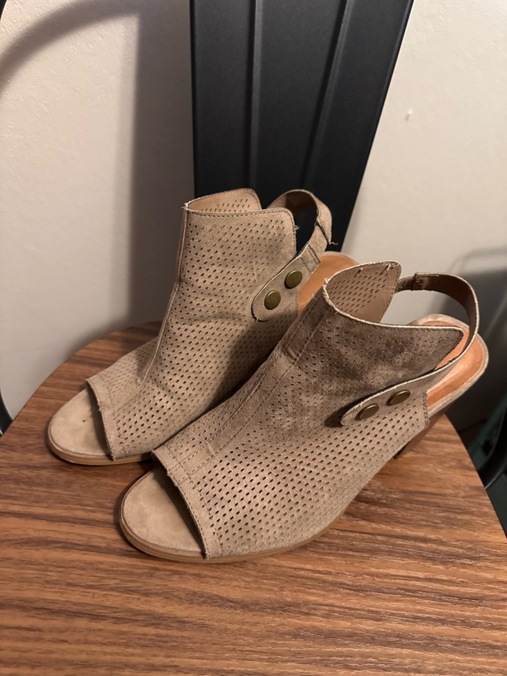 Sonoma Taupe Perforated Suede Open-Toe Booties